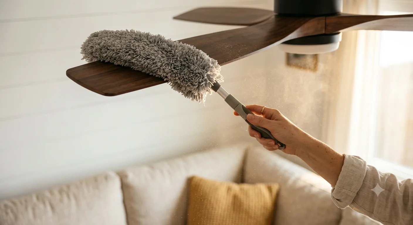 AI-generated illustration of ceiling fan dusting, not an actual client home. Hand dusting a ceiling fan blade as part of a deep cleaning checklist in Orange County, CA