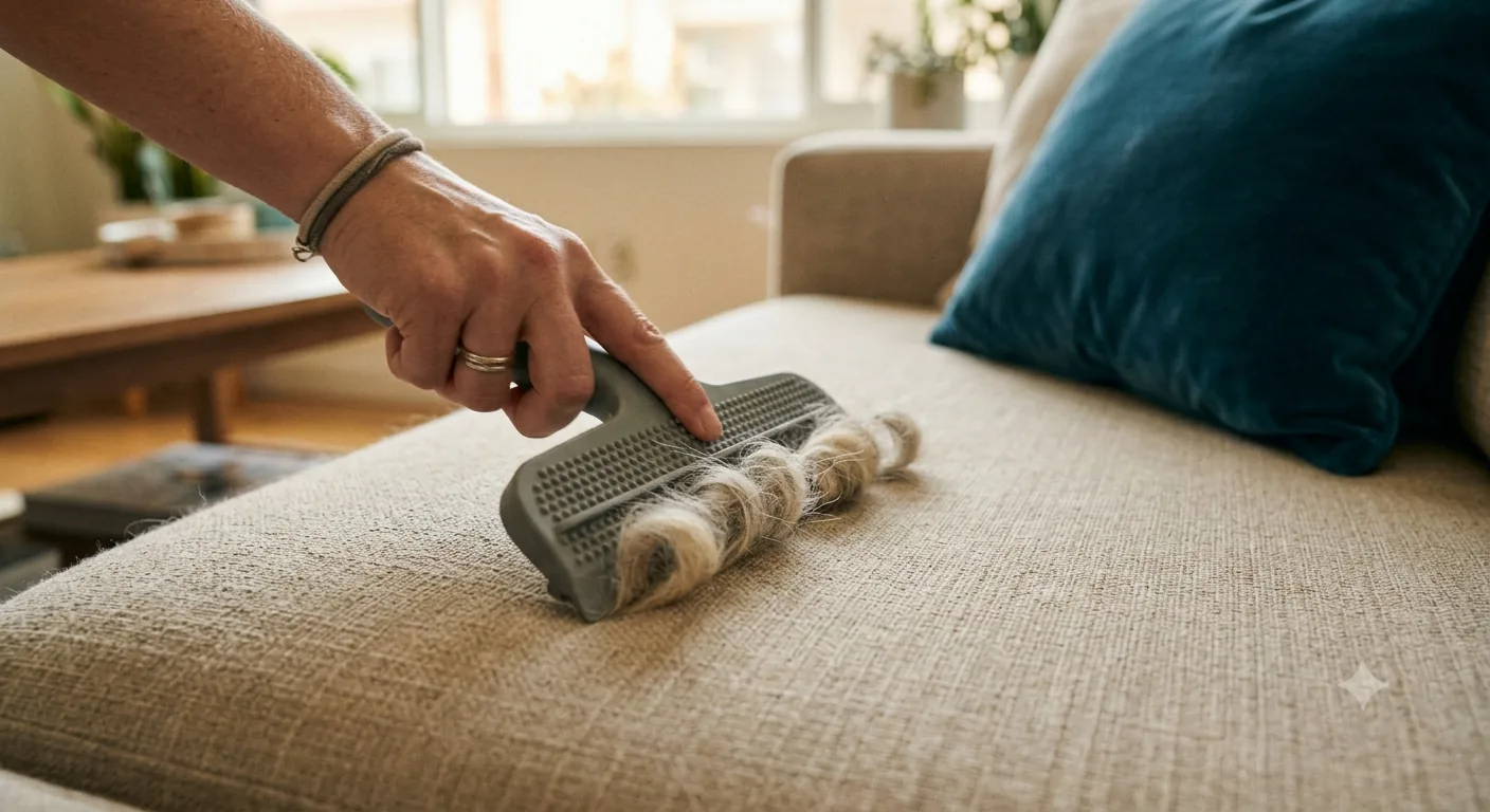 Hand removing pet hair from a sofa, an add-on that affects house cleaning cost in Orange County
