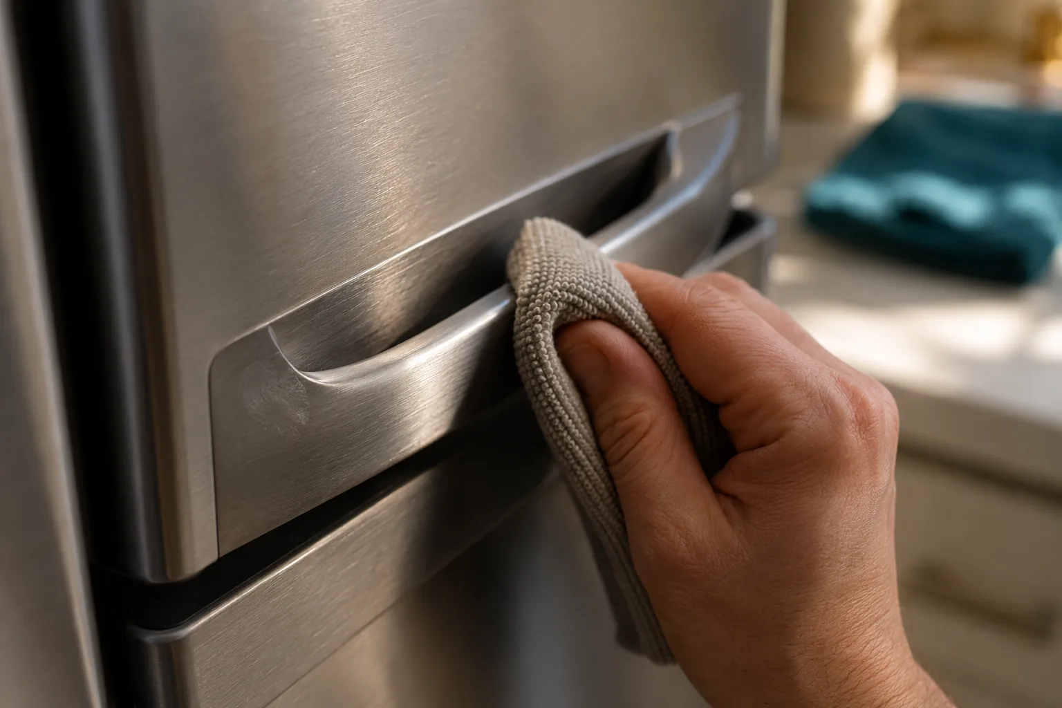 Close-up of a hand buffing a stainless steel refrigerator door handle to a fingerprint-free shine