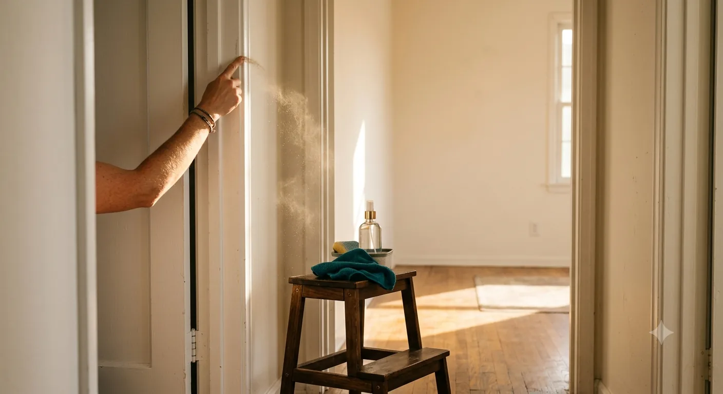 AI-generated illustration of a door frame dust check, not an actual client home. Checking a door frame for dust from a step stool during a move-out cleaning checklist task in Orange County