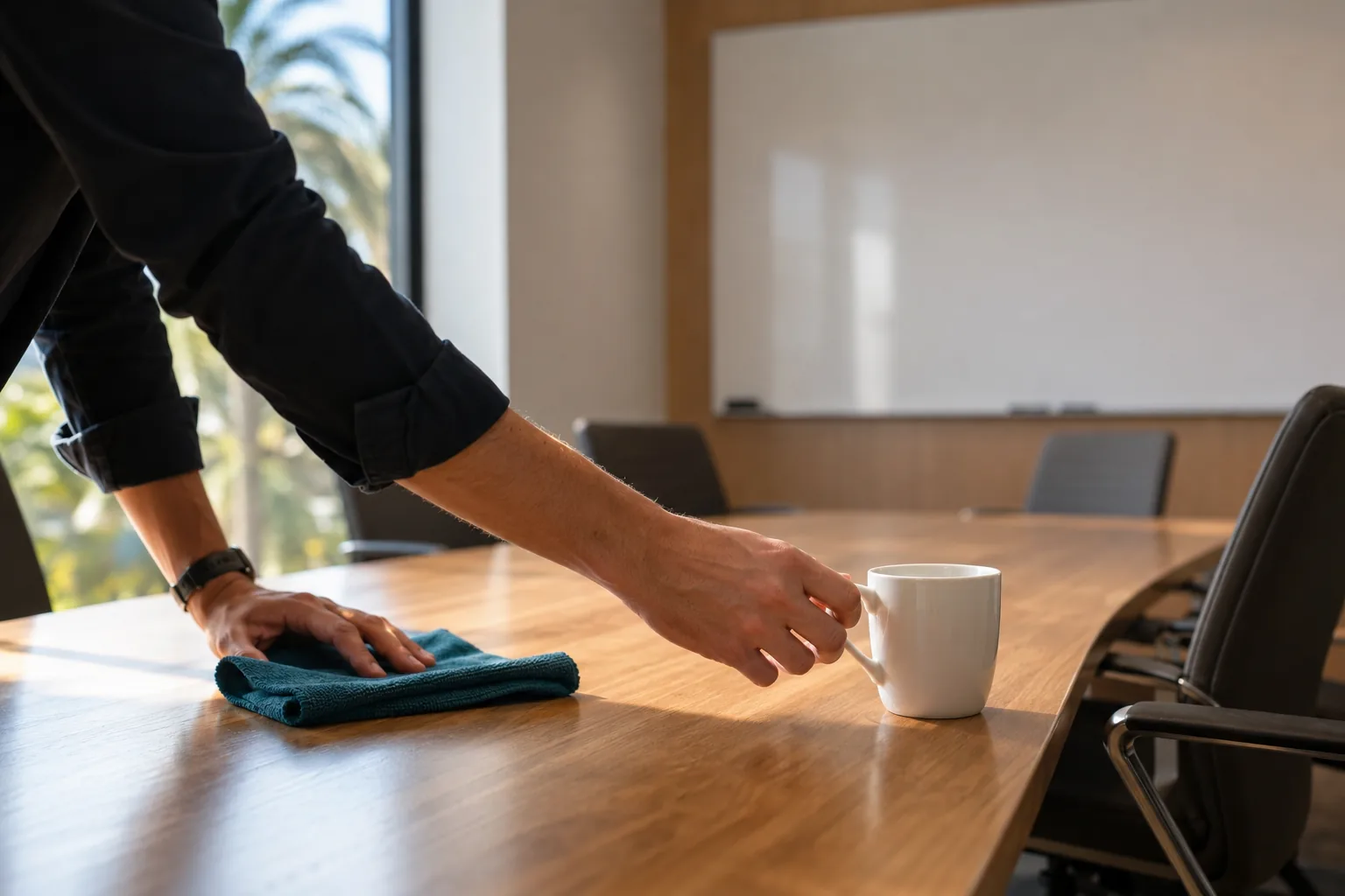 AI-generated image illustrating a post-meeting conference room reset. Hands clearing a coffee cup from a conference table after a meeting in an Orange County office