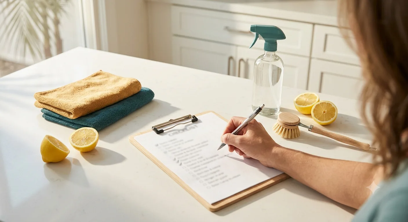 Flat-lay of cleaning supplies and a checklist representing Orange County house cleaning guides