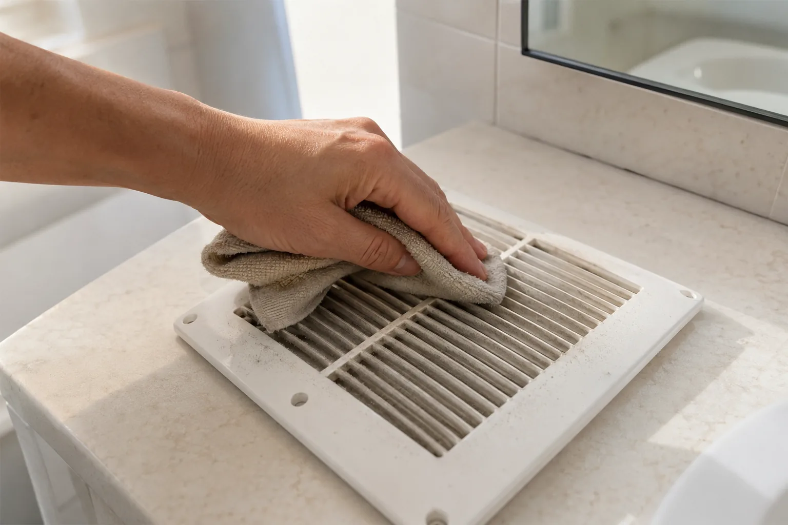 Hand wiping dust from a bathroom exhaust fan vent cover while preparing a guest bathroom in Orange County