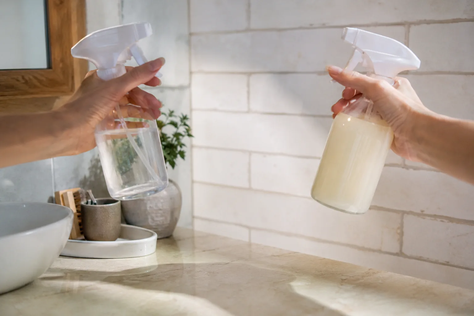 Hand holding two different unlabeled spray bottles apart from each other over a bathroom counter