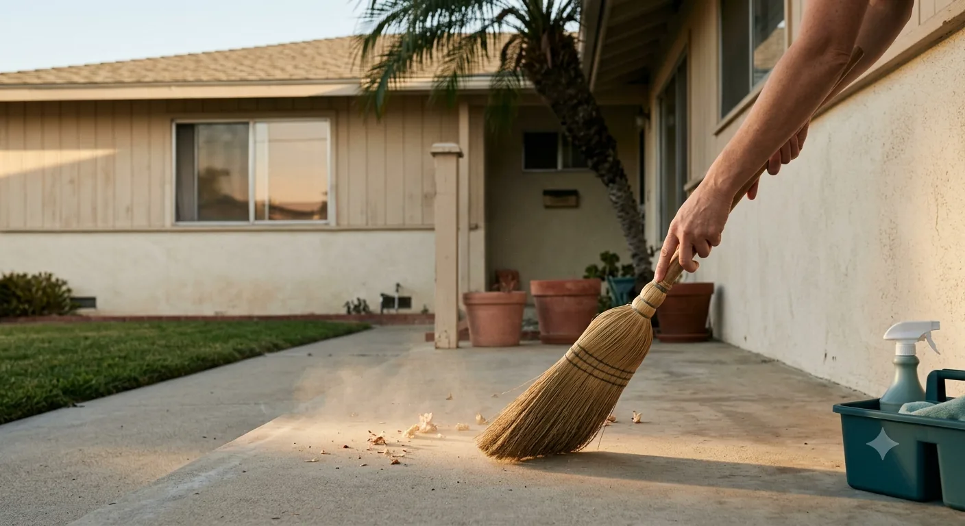 Ranch-style home porch being swept during a house cleaning visit in Anaheim, CA