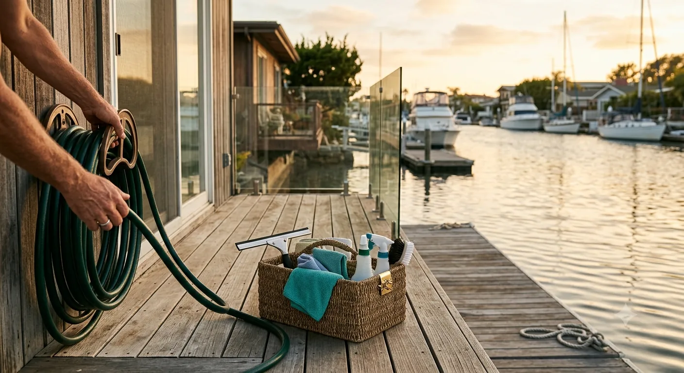 Canal-front dock and patio being cleaned in a waterfront home in Huntington Beach, CA