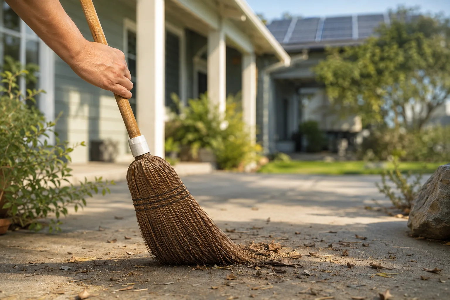 Hand sweeping the front porch of a modern solar-equipped family home in Ladera Ranch, CA