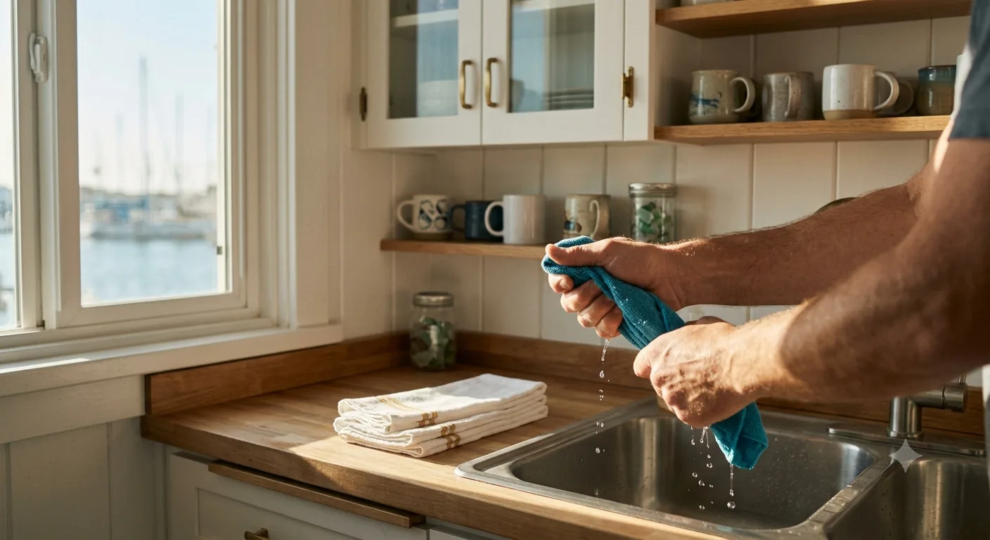 Coastal cottage kitchen being cleaned in a home in Newport Beach, CA