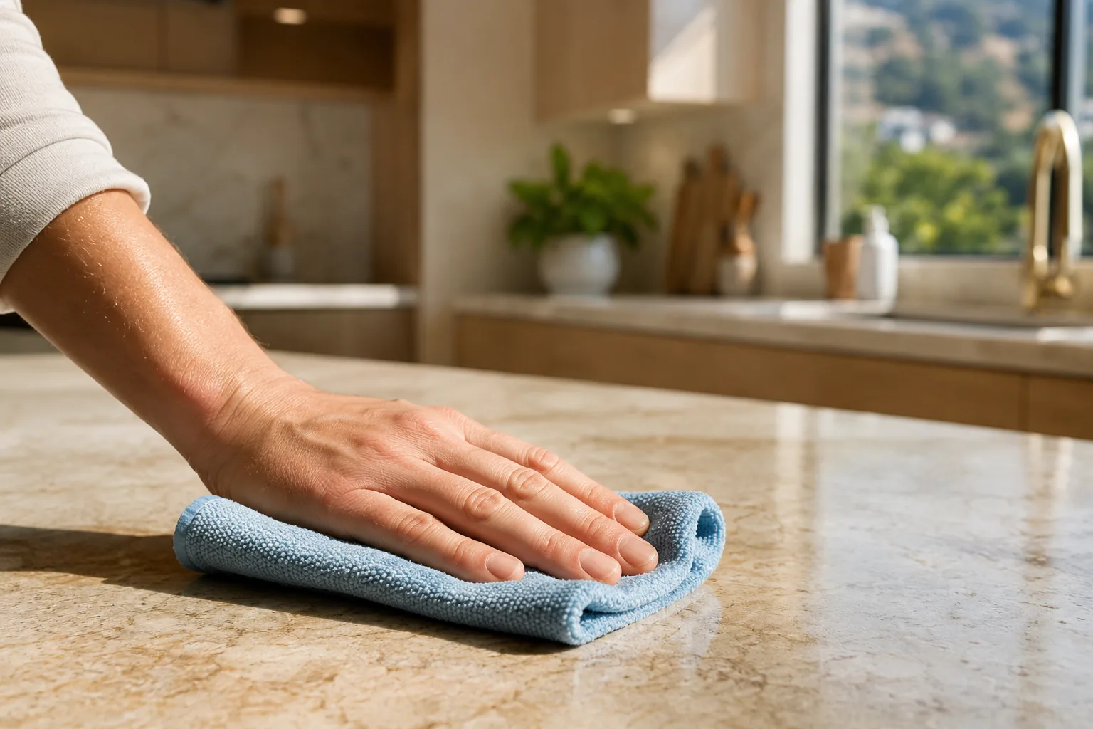 Hand wiping a kitchen counter in a suburban master-planned community home in Rancho Santa Margarita, CA