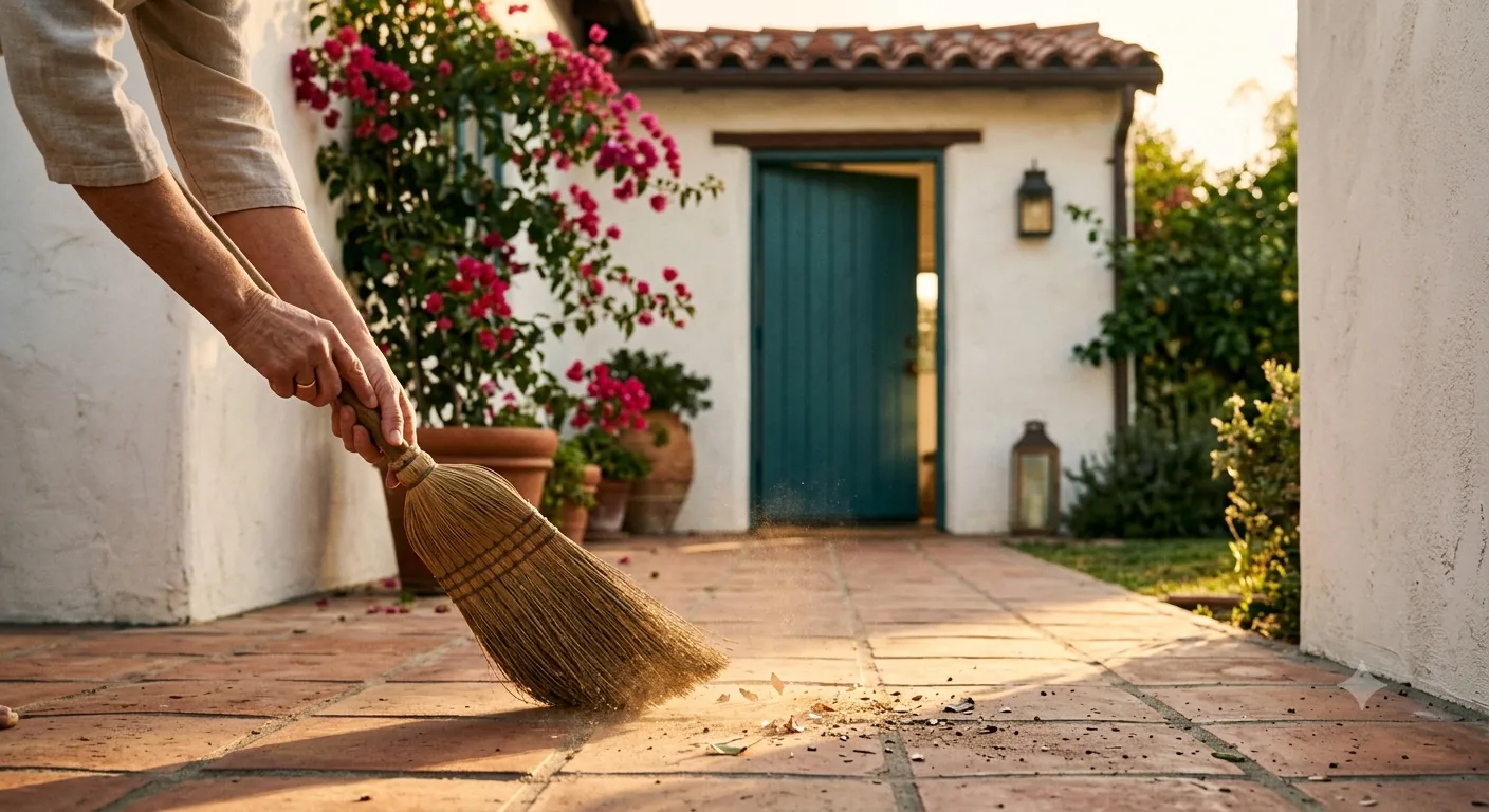 Courtyard being swept at a Spanish-style cottage home in San Clemente, CA