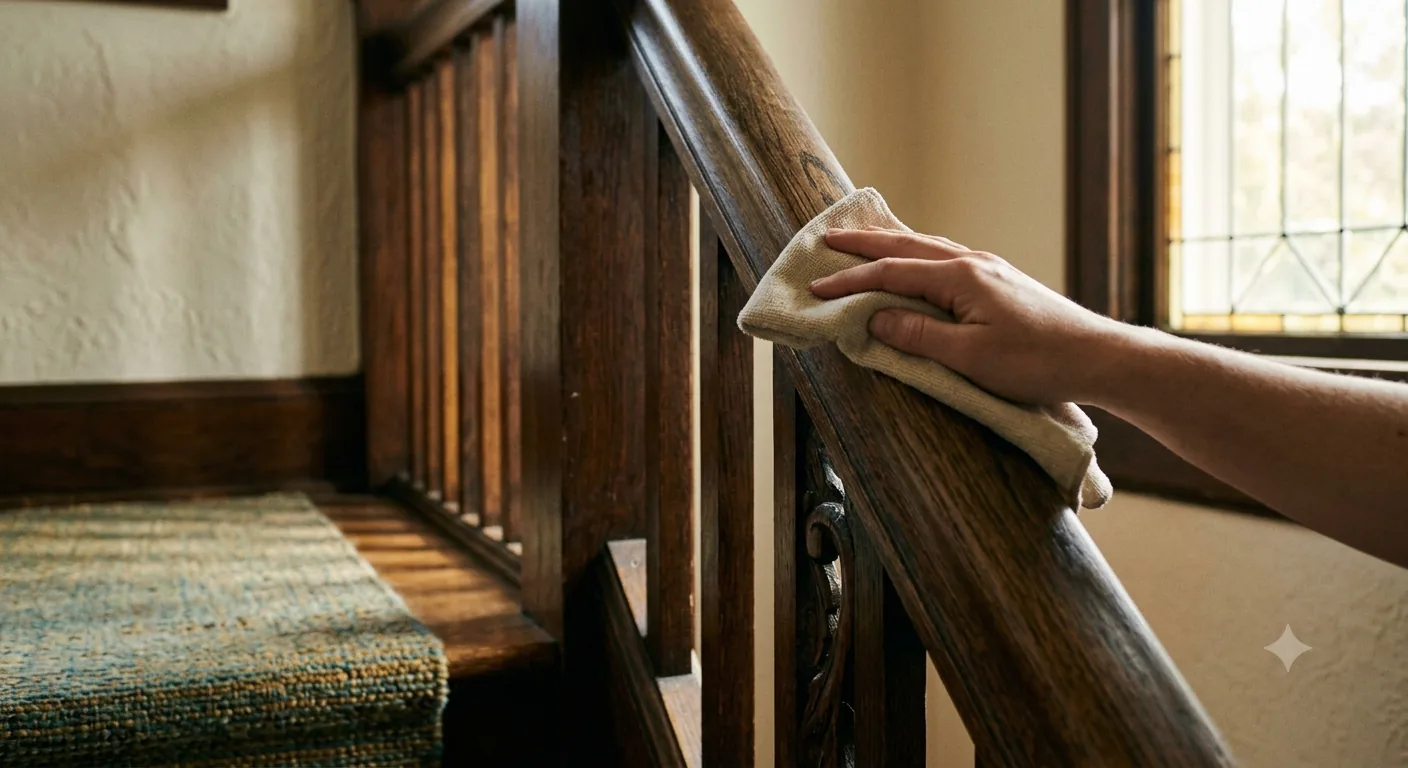 Staircase being dusted in a craftsman-style home in Santa Ana, CA
