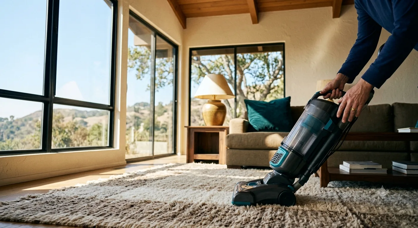 Area rug being vacuumed in a hillside family room in Yorba Linda, CA