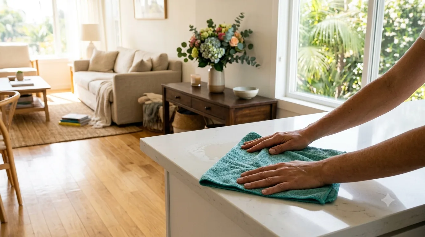 Bright, freshly cleaned Orange County living room with natural light, showing the eco-friendly cleaning standard behind every Clover House Cleaning visit