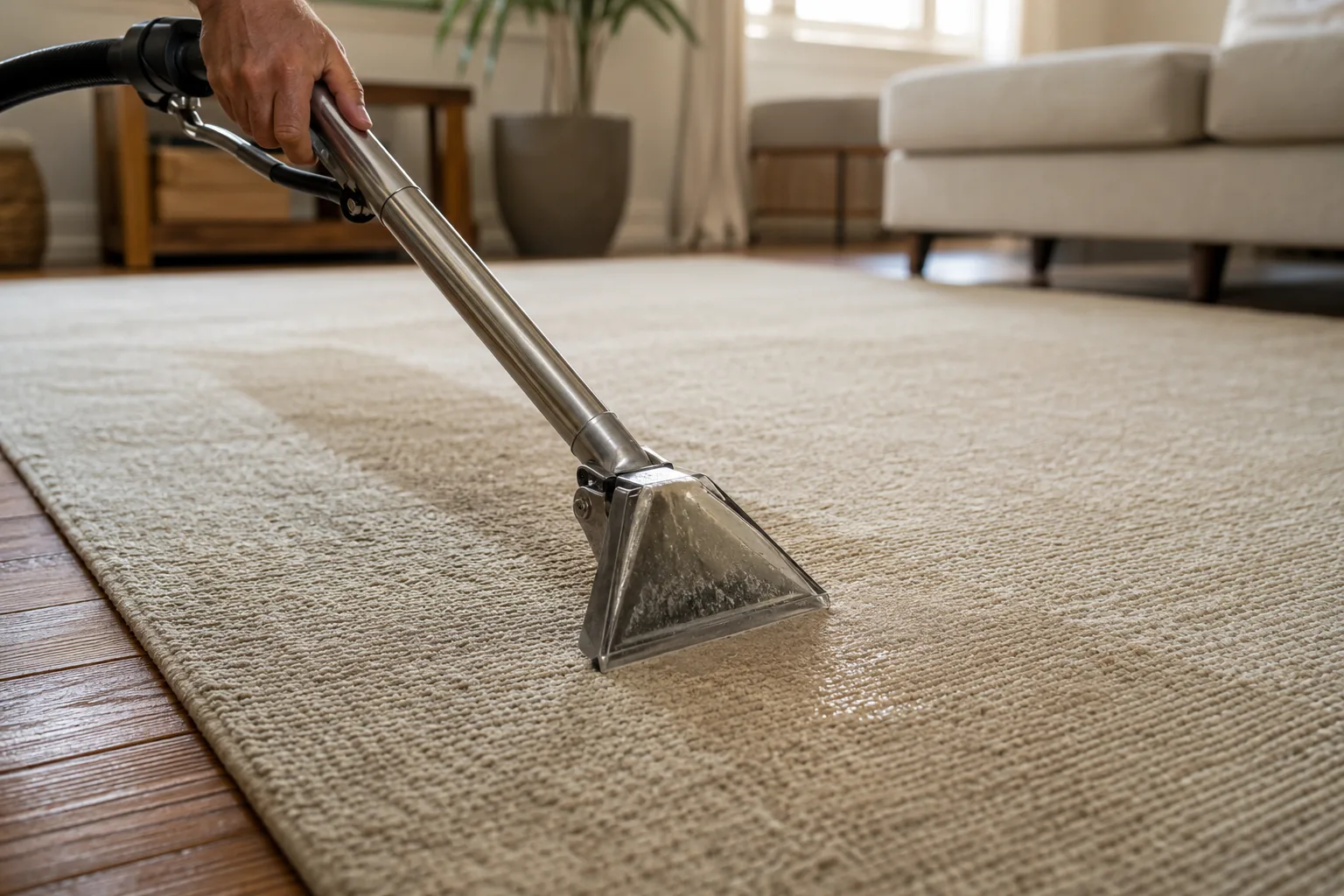 Hand using an extraction wand to clean a large area rug in a living room in Orange County, CA