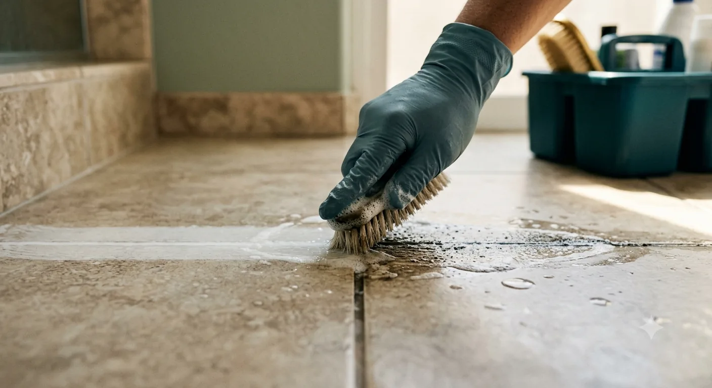 Gloved hands scrubbing tile grout during a deep cleaning service in Orange County, CA