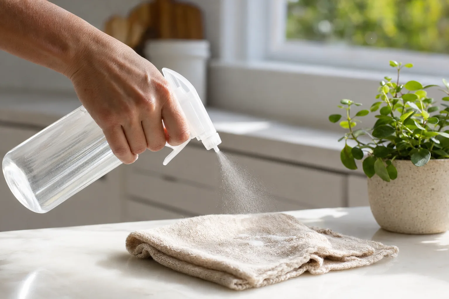 Hand spraying an eco-friendly, non-toxic cleaning product onto a kitchen counter in Orange County, CA