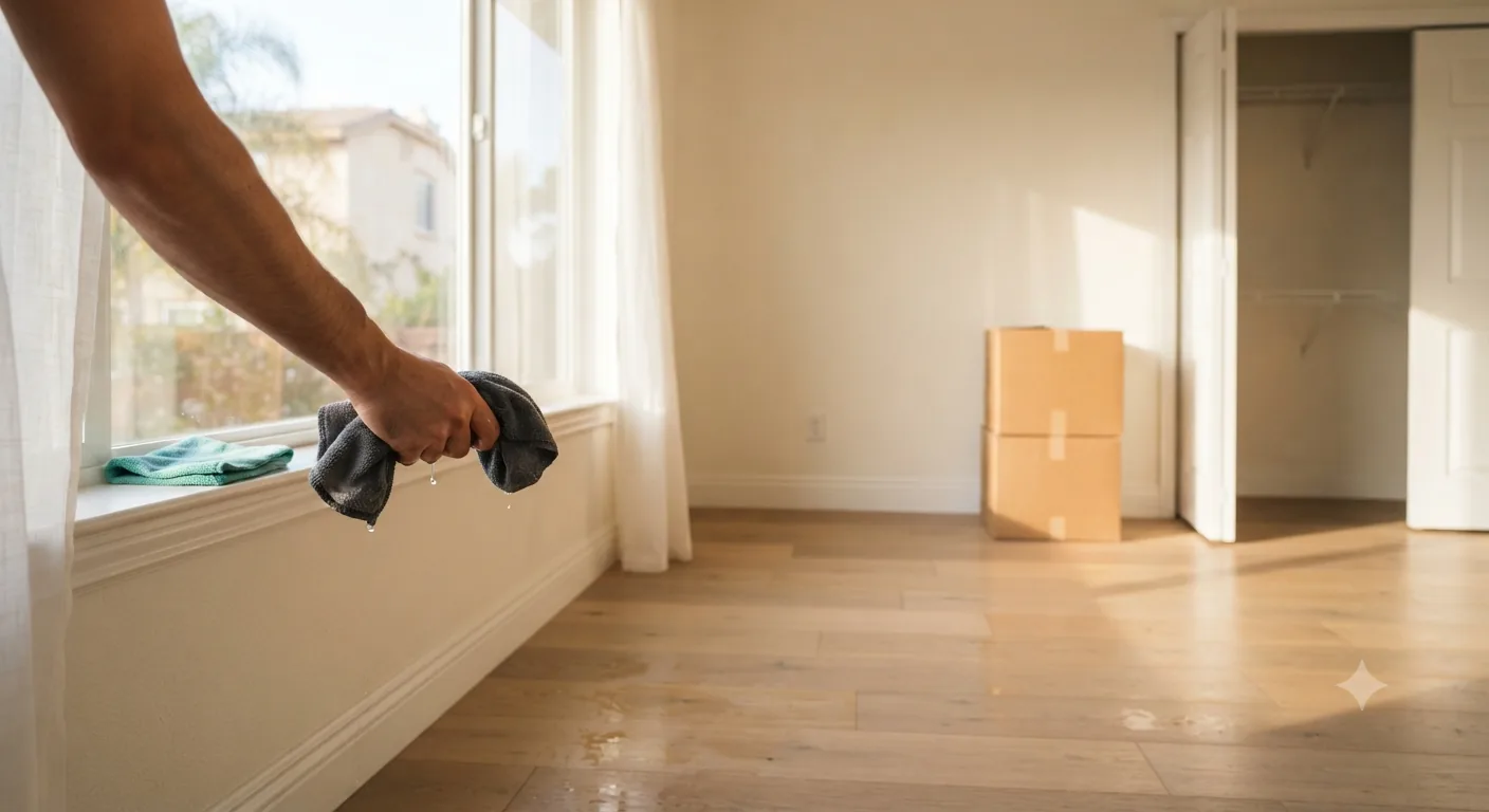 Empty sunlit room with freshly cleaned floors ready for new homeowners moving in, Orange County, CA