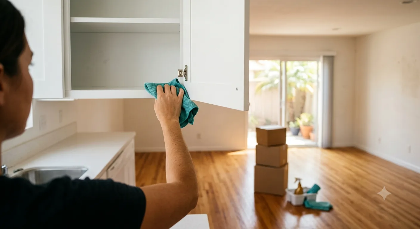 Empty kitchen with cleaned cabinets ready for a move-out inspection in Orange County, CA