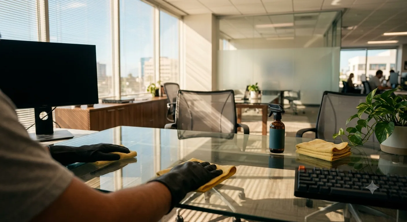 Commercial office desk being sanitized during a business cleaning visit in Irvine, CA