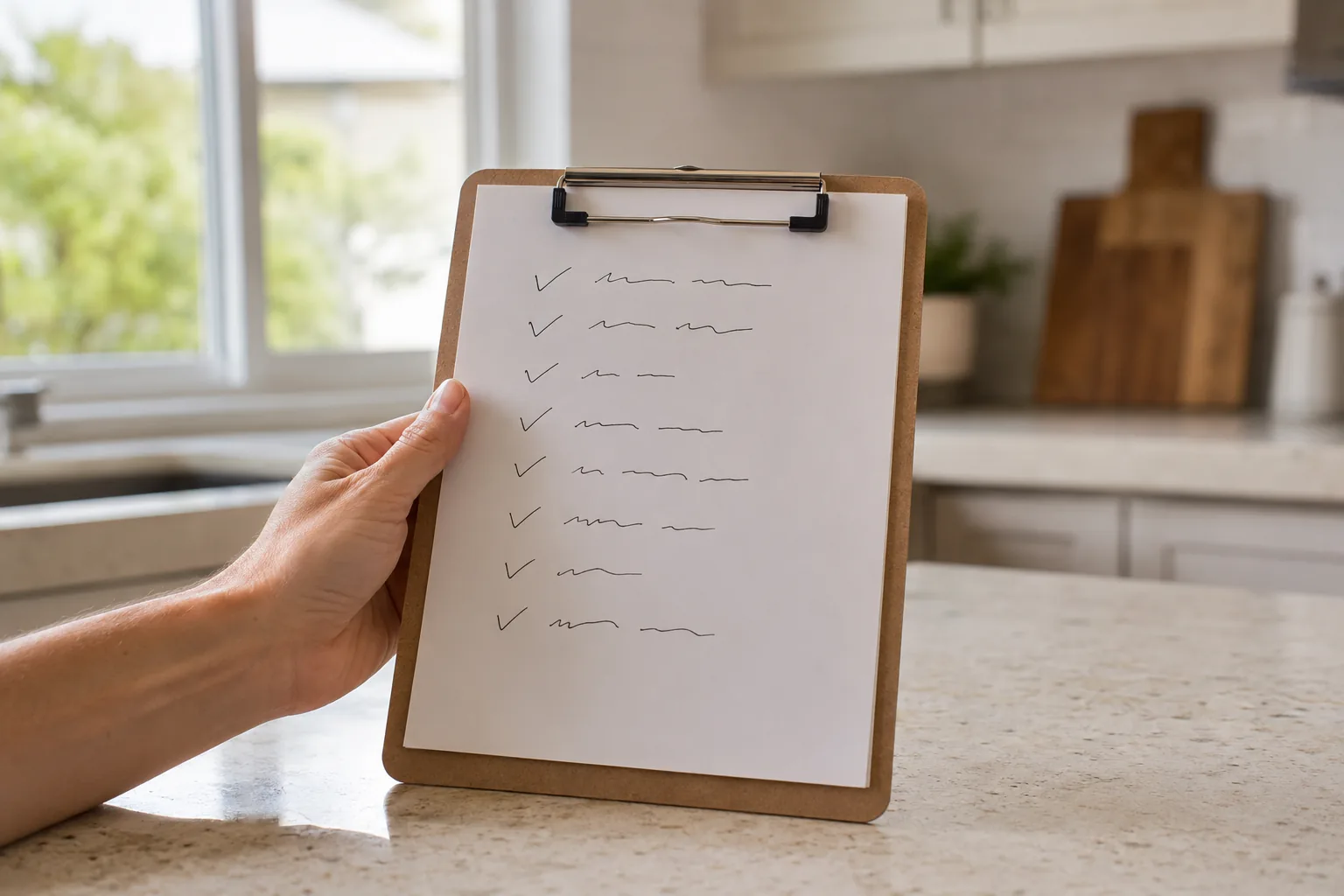 Hand holding a clipboard checklist next to a freshly cleaned kitchen counter in Orange County, CA