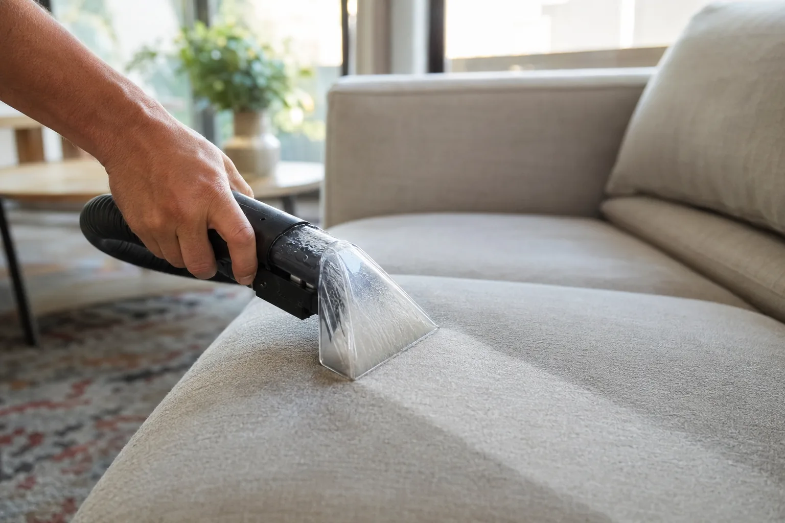 Hand using an upholstery extraction wand to clean a fabric sofa cushion in Orange County, CA