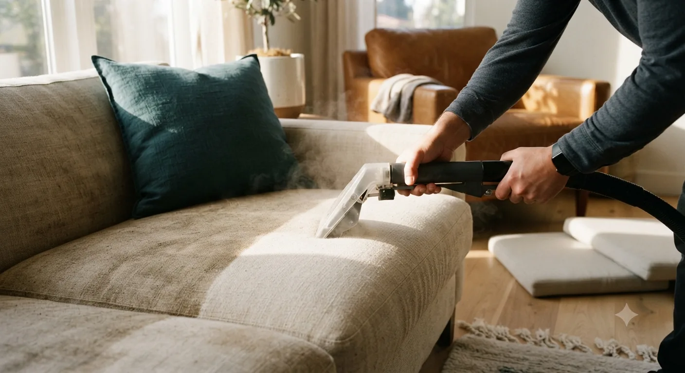 Upholstery extraction cleaning removing stains from a fabric sofa in Orange County, CA