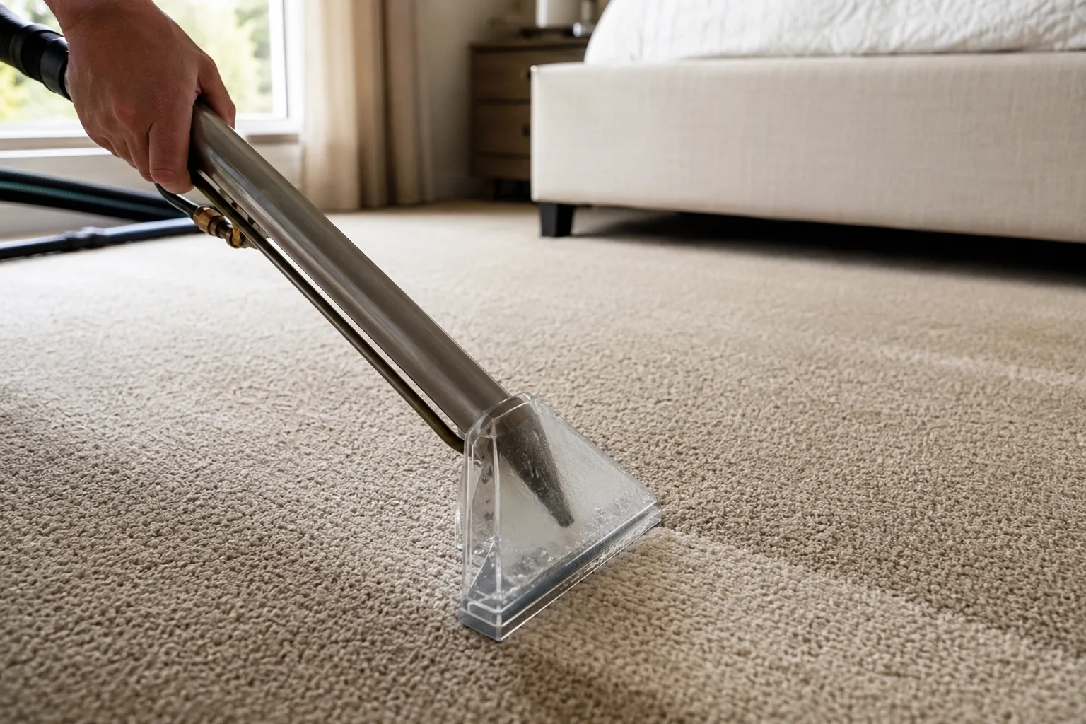 Hand using an extraction wand to clean wall-to-wall bedroom carpet in Orange County, CA
